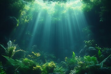 Naklejka premium Sunlight Underwater Cave Plants