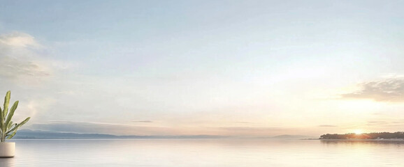 Obraz premium Serene sunset over calm waters with potted plant on the shore at coastal location