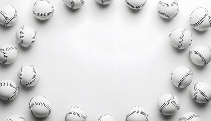 Numerous baseballs are arranged in a circular pattern on white