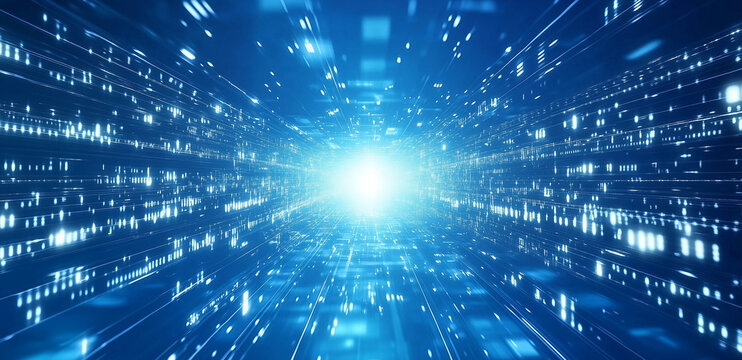 A blue background with white digital particles, binary code, A futuristic video with an abstract design and light beams radiating from its core,Generative AI