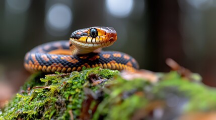 Obraz premium Colorful snake on mossy log, forest background. Nature wildlife photography for websites