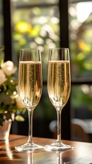 Two elegant champagne flutes filled with bubbly drink in a soft-lit setting.
