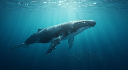 Humpback Whale Swimming Gracefully Underwater with Sunbeams and Small School of Fish