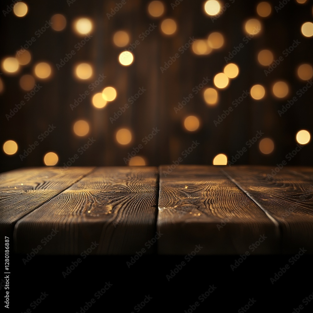 Poster soft bokeh background with warm lights and wooden surface ideal for text overlay and creative projec
