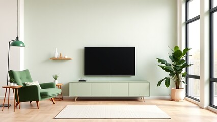 Stylish living room with green accents, TV stand, and plants in modern interior design.
