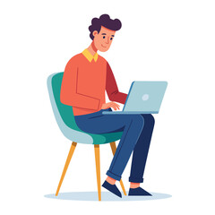 a boy is using his laptop vector