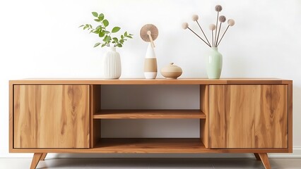 Wooden sideboard with vases and modern decor in a minimalist living room, neutral tones and natural accents for a sleek interior.