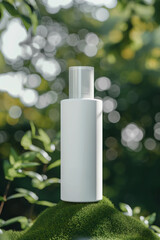 white skin care bottle, opaque cap, The lid is smaller than the body, 3d rendered style, nature background,Generative AI
