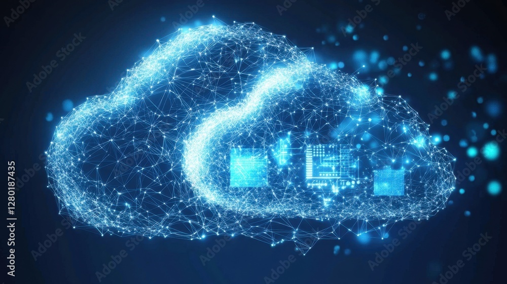 Aufkleber blue digital cloud seamlessly connected to a glowing microchip, symbolizing advanced computing solut