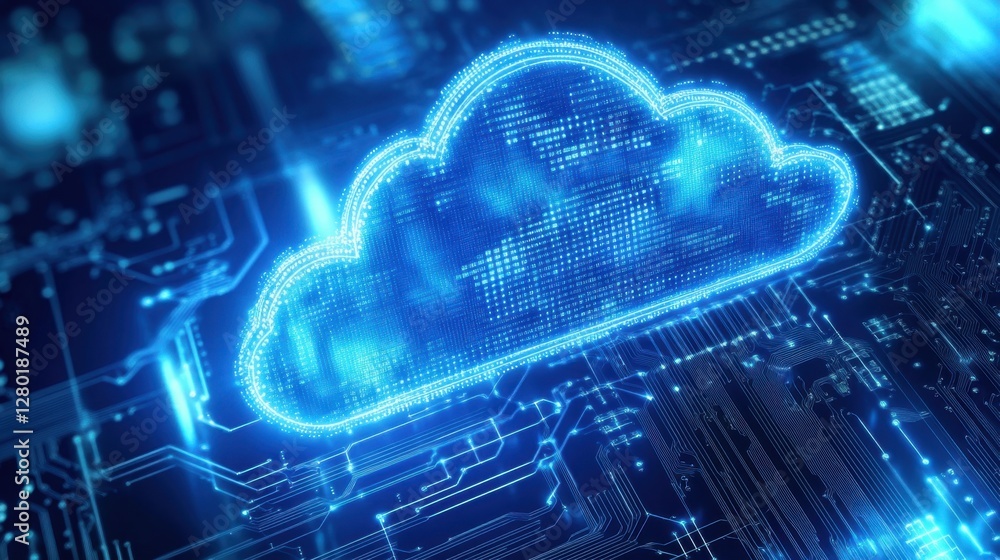 Poster blue digital cloud seamlessly connected to a glowing microchip, symbolizing advanced computing solut