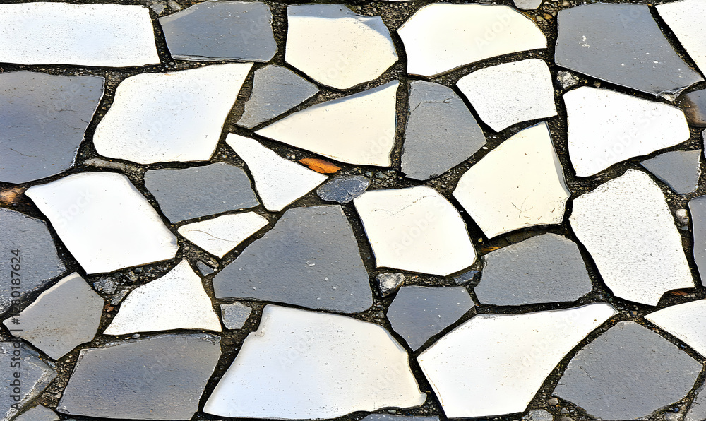Poster irregular grey and white stone mosaic pavement texture. ideal for background or design projects.