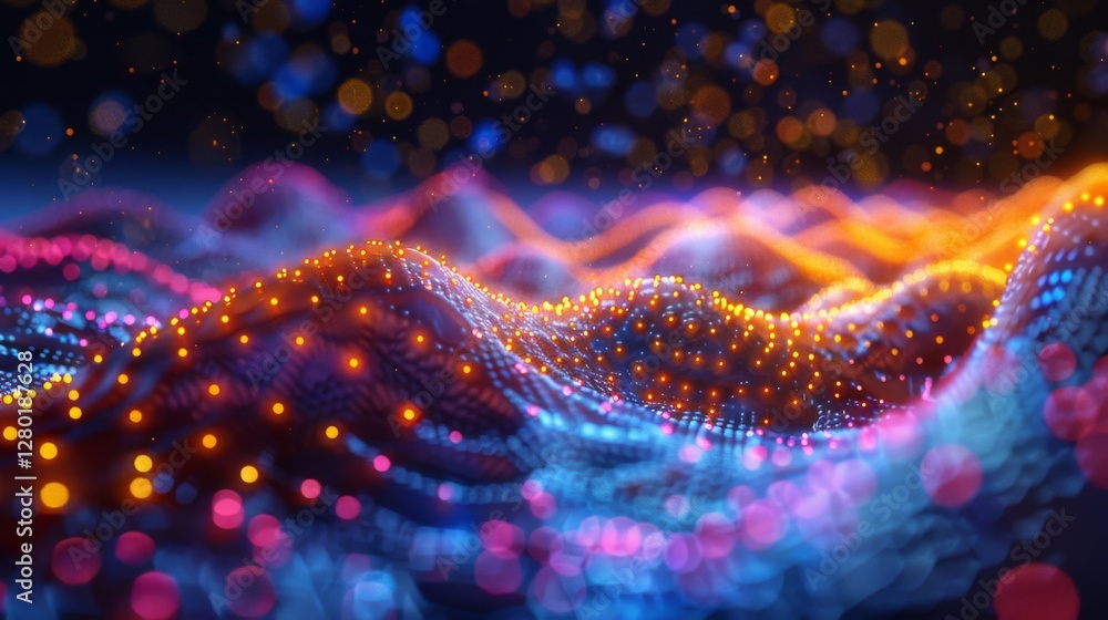 Poster Vibrant light waves ripple across a dark background, illustrating the dynamic interaction of data in a digital environment, showcasing energy and movement.