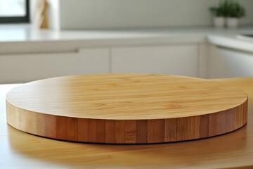 Round Bamboo Cutting Board on Wooden Kitchen Countertop Surface