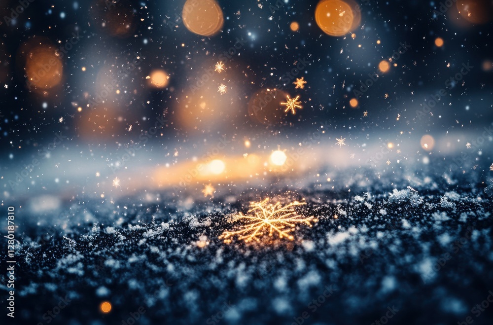 Aufkleber softly falling snowflakes on a dark surface with warm glowing lights in the background creating a ma