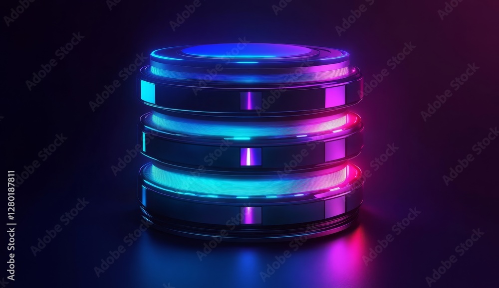 Poster neon glowing stack of futuristic data discs on dark background