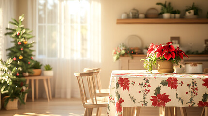 Obraz premium A cozy modern farmhouse dining room decorated for Christmas with a poinsettia-patterned tablecloth, light beige walls, and white linen curtains