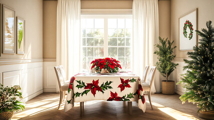 A cozy modern farmhouse dining room decorated for Christmas with a poinsettia-patterned tablecloth, light beige walls, and white linen curtains