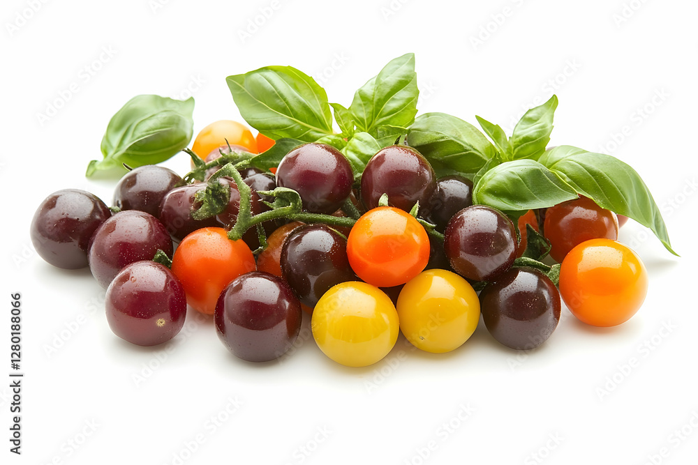 Poster a vibrant assortment of fresh cherry tomatoes and basil leaves arranged on a pristine white surface 