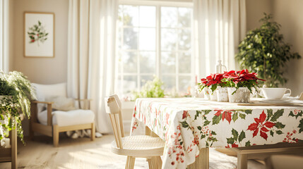 A cozy modern farmhouse dining room decorated for Christmas with a poinsettia-patterned tablecloth, light beige walls, and white linen curtains