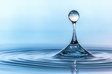A close-up image of a water droplet creating ripples in a serene blue setting, symbolizing purity and tranquility in nature.