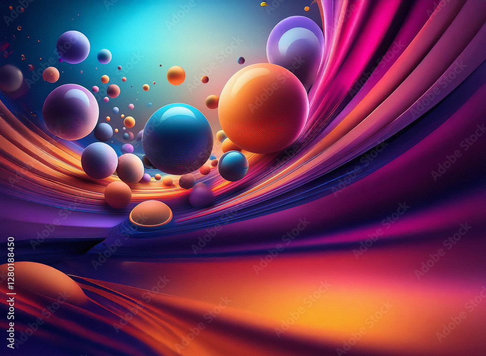 Poster abstract image featuring vibrant spheres floating against a dynamic, colorful background with flowin