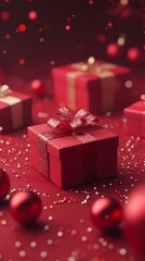 Fototapeta premium Festive red gift box adorned with a glittery bow, surrounded by decorative ornaments.