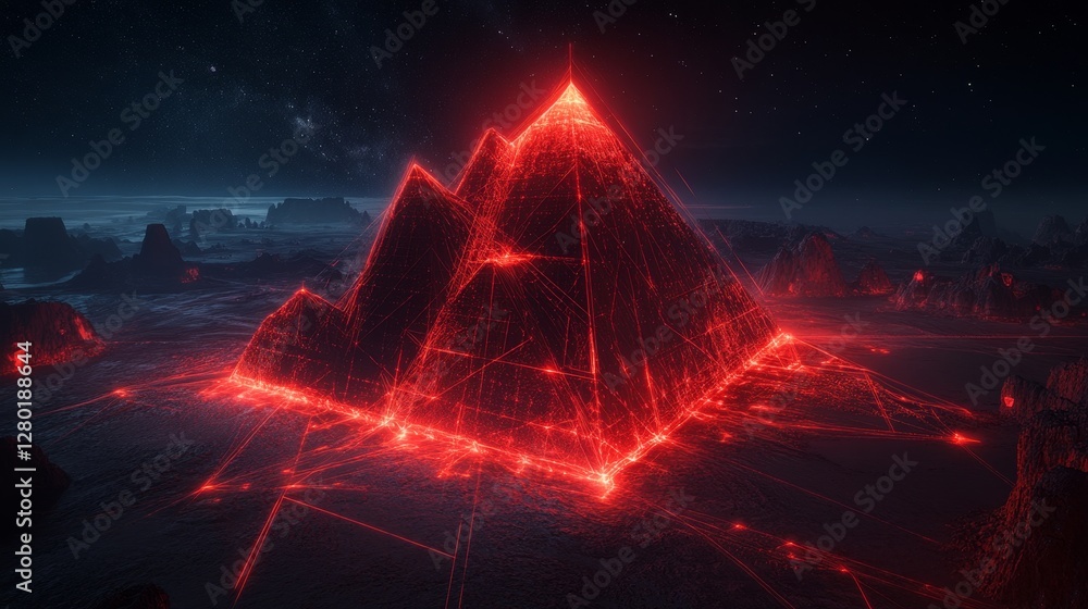 Poster abstract futuristic pyramid structure with glowing red lights and dark cosmic background for mysteri