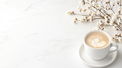 Latte art coffee, flowers, marble table, relaxing morning