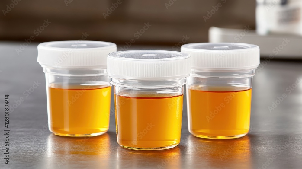 Poster three transparent containers filled with golden liquid on a smooth surface in a clinical setting