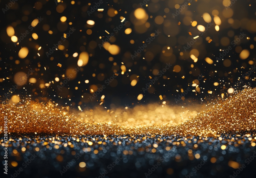 Poster sparkling gold dust with shimmering particles in soft focus creating a magical and luxurious atmosph