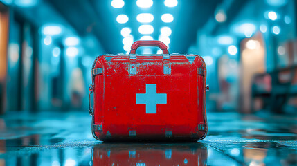 First aid kit in blue blurred background/poster/wallpaper/web/banner