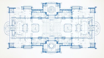 Architectural blueprint plan showcasing a modern building layout with intricate details, ideal for architecture enthusiasts and design professionals