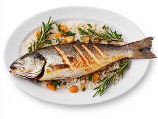 A beautifully presented grilled fish on a bed of rice with herbs.