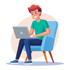 a boy is using his laptop vector
