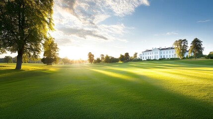 Obraz premium Serene Sunrise over Expansive Golf Course with Elegant Mansion