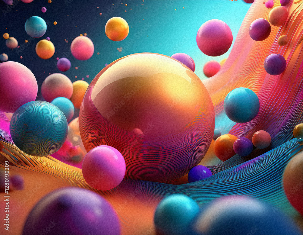 Poster colorful spheres in vivid hues appear to float against a dynamic, swirling background, creating a pl
