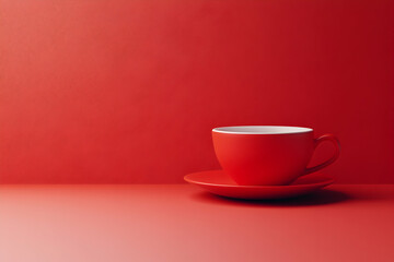 Fototapeta premium A single red teacup and saucer sit on a solid red background, creating a minimalist, visually appealing image perfect for branding or design projects.