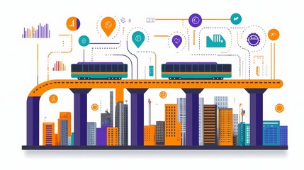 Vibrant Cityscape with Modern Train System and Digital Network Connectivity in Urban Development Depiction