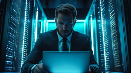 Fototapeta premium An IT support specialist uses a tablet while working in a server room. The concept of network management, data security, and technology maintenance. Generative AI.