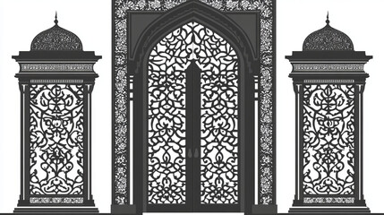 exquisite islamic gate with intricate black ornamental ironwork and symmetrically flanking pillars featuring arabesque and persian influences for elegant architectural entryway design