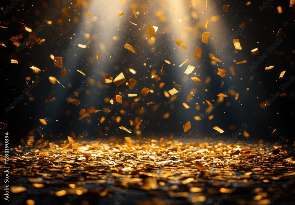 Poster sparkling golden confetti particles falling gracefully in a dark background illuminated by soft beam