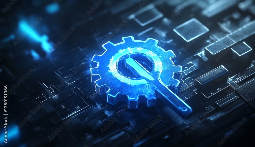 Poster glowing gear and wrench on circuit board; innovation and tech