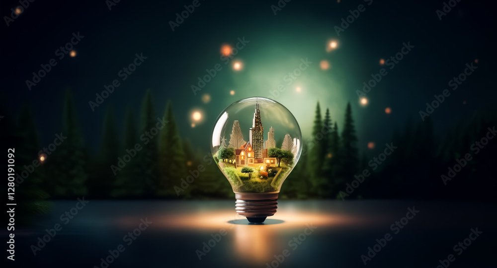 Canvas Prints illuminated lightbulb encases a miniature forest scene with warm lights, set against a dark forest a