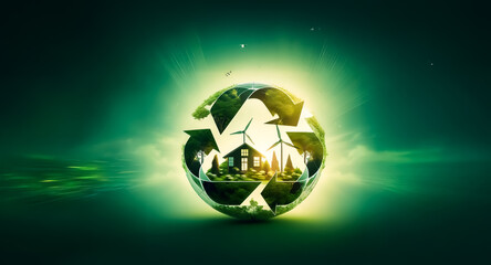 Naklejka premium A glowing recycle symbol encapsulates a vibrant green landscape with houses, trees, and wind turbines, set against a blurred green backdrop. The scene represents environmental consciousness and susta