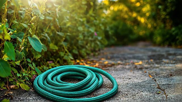 Green garden hose coiled on a pathway surrounded by lush plants in an outdoor space, Green garden hose coiled on ground