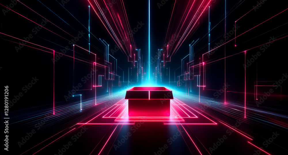 Poster abstract perspective with neon red and blue lines converging on a central box. futuristic digital st