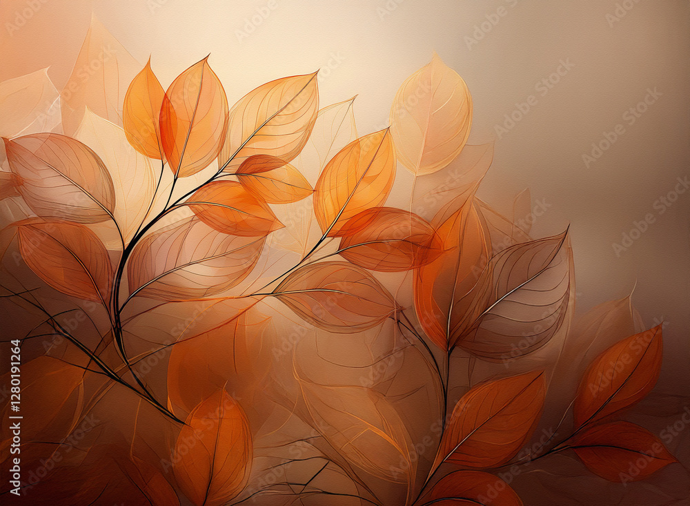 Poster warm orange leaves on branches create a soft and inviting background. the gentle lighting and blurre