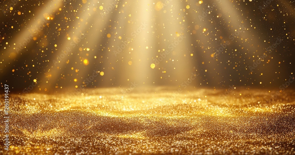 Poster sparkling golden dust with soft light rays illuminating the ground, creating a magical atmosphere of
