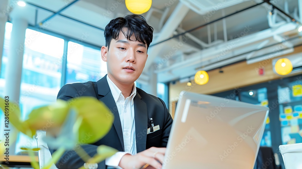 Aufkleber working efficiently in a modern office environment with a professional attitude