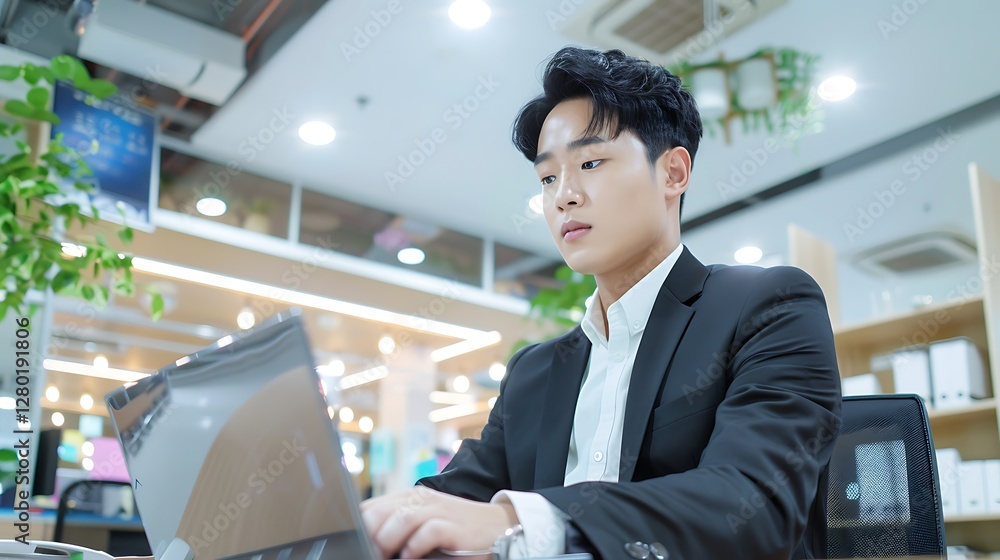 Aufkleber working efficiently in a modern office environment with a professional attitude